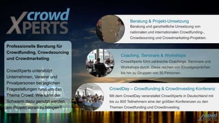 Beratung & Projekt-Umsetzung 
Beratung und ganzheitliche Umsetzung von 
nationalen und internationalen Crowdfunding-, 
Crowdsourcing und Crowdmarketing-Projekten. 
Coaching, Seminare & Workshops 
CrowdXperts führt zahlreiche Coachings, Seminare und 
Workshops durch. Diese reichen von Einzelgesprächen 
bis hin zu Gruppen von 30 Personen. 
CrowdDay – Crowdfunding & Crowdinvesting Konferenz 
Mit dem CrowdDay veranstaltet CrowdXperts in Deutschland mit 
bis zu 800 Teilnehmern eine der größten Konferenzen zu den 
Themen Crowdfunding und Crowdinvesting. 
Professionelle Beratung für 
Crowdfunding, Crowdsourcing 
und Crowdmarketing 
CrowdXperts unterstützt 
Unternehmen, Vereine und 
Privatpersonen bei jeglichen 
Fragestellungen rund um das 
Thema Crowd. Wie kann der 
Schwarm dazu genutzt werden 
ein Projekt voran zu bringen? 
 