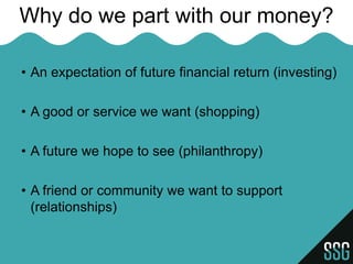 Why do we part with our money?

• An expectation of future financial return (investing)

• A good or service we want (shopping)

• A future we hope to see (philanthropy)

• A friend or community we want to support
  (relationships)
 