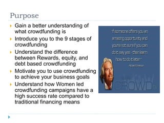 Purpose 
 Gain a better understanding of 
what crowdfunding is 
 Introduce you to the 9 stages of 
crowdfunding 
 Understand the difference 
between Rewards, equity, and 
debt based crowdfunding 
 Motivate you to use crowdfunding 
to achieve your business goals 
 Understand how Women led 
crowdfunding campaigns have a 
high success rate compared to 
traditional financing means 
 