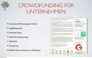 CROWDFUNDING FÜR
                                         UNTERNEHMEN

                         ¡ Innovationen/Talente gezielt fördern

                         ¡ Image/Reputation

                         ¡ Produkte testen

                         ¡ Unternehmensgründung

                         ¡ CSR/CCR

                         ¡ Transparenz

                         ¡ Direkte Kommunikation mit Zielgruppe

                                                                   21
Dienstag, 10. April 12
 