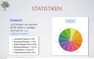 STATISTIKEN
                         Kickstarter
                         „In October we reached
                         $100 million in pledges
                         and had our one
                         millionth backer.“




                                                   6
Dienstag, 10. April 12
 