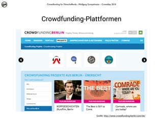 Crowdfunding für Filmschaffende - Wolfgang Gumpelmaier - Crowdday 2014

Crowdfunding-Plattformen

Quelle: http://www.crowdfunding-berlin.com/de/

 