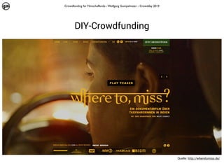 Crowdfunding für Filmschaffende - Wolfgang Gumpelmaier - Crowdday 2014

DIY-Crowdfunding

Quelle: http://wheretomiss.de/

 