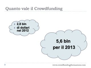 Quanto vale il Crowdfunding
 2,8 bln
 di dollari
nel 2012
5,6 bln
per il 2013
www.crowdfundingformazione.com
 