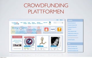 CROWDFUNDING
                       PLATTFORMEN




Montag, 18. Juni 12
 