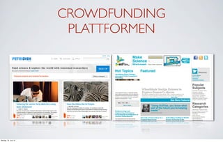 CROWDFUNDING
                       PLATTFORMEN




Montag, 18. Juni 12
 