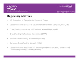 Regulatory activities!
•  US Delegation in Transatlantic Economic Forum
•  Cooperation with Singapore Government Investment Company, UKTI, etc.
•  Crowdfunding Regulatory Intermediary Association (CFIRA)
•  Crowdfunding Professional Association (CFPA)
•  National Crowdfunding Association (NLCFA)
•  European Crowdfunding Network (ECN)
•  Cooperation with Securities and Exchange Commission (SEC) and Financial
Industry Regulatory Authority (FINRA)
@paulhigginz @crowdvalley
 