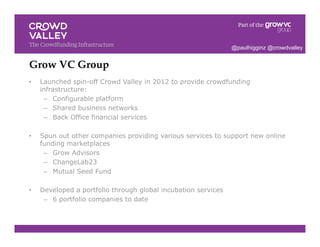 Grow VC Group!
•  Launched spin-off Crowd Valley in 2012 to provide crowdfunding
infrastructure:
–  Configurable platform
–  Shared business networks
–  Back Office financial services
•  Spun out other companies providing various services to support new online
funding marketplaces
–  Grow Advisors
–  ChangeLab23
–  Mutual Seed Fund
•  Developed a portfolio through global incubation services
–  6 portfolio companies to date
@paulhigginz @crowdvalley
 