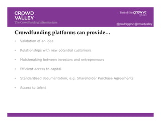Crowdfunding platforms can provide…!
•  Validation of an idea
•  Relationships with new potential customers
•  Matchmaking between investors and entrepreneurs
•  Efficient access to capital
•  Standardised documentation, e.g. Shareholder Purchase Agreements
•  Access to talent
@paulhigginz @crowdvalley
 