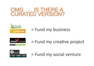 =	
  Fund	
  my	
  business	
  

=	
  Fund	
  my	
  crea2ve	
  project	
  

=	
  Fund	
  my	
  social	
  venture	
  
 