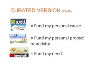 =	
  Fund	
  my	
  personal	
  cause	
  

=	
  Fund	
  my	
  personal	
  project	
  
or	
  ac2vity	
  

=	
  Fund	
  my	
  need	
  
 