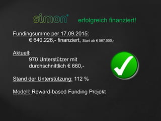 erfolgreich finanziert!
Fundingsumme per 17.09.2015:
€ 640.226,- finanziert, Start ab € 567.000,-
Aktuell:
970 Unterstützer mit
durchschnittlich € 660,-
Stand der Unterstützung: 112 %
Modell: Reward-based Funding Projekt
 