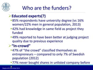 Who are the funders? 
Educated experts(?) 
85% respondents have university degree (vs 16% 
women/22% men in general population, 2013) 
42% had knowledge in same field as project they 
funded 
49% reported to have been better at judging project 
quality due to previous experience 
“In-crowd” 
47% of “the crowd” classified themselves as 
entrepreneurs – compared to only 7% of Swedish 
population (2012) 
77% never bought shares in unlisted company before 
41% risk lovers Skoglund & Stiernblad 2013 
 