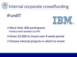 Internal corporate crowdfunding 
iFundIT 
More than 300 participants 
Entry-level workers to VPs 
Given $2,000 to invest over 8 week period 
Choose internal projects in which to invest 
 