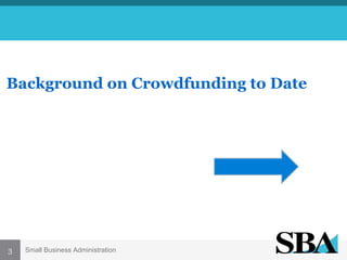 Background on Crowdfunding to Date

3

Small Business Administration

 