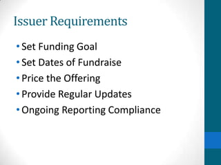 Issuer Requirements
•Set Funding Goal
•Set Dates of Fundraise
•Price the Offering
•Provide Regular Updates
•Ongoing Reporting Compliance
 