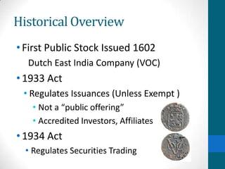 Historical Overview
•First Public Stock Issued 1602
Dutch East India Company (VOC)
•1933 Act
• Regulates Issuances (Unless Exempt )
• Not a “public offering”
• Accredited Investors, Affiliates
•1934 Act
• Regulates Securities Trading
 