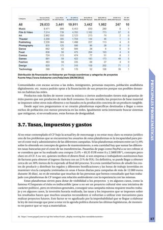 PRINCIPALES PROBLEMÁTICAS
Comunidades con escaso acceso a las redes, inmigrantes, personas mayores, población analfabeta
digitalmente, etc. nunca podrán optar a la financiación de sus proyectos porque sus posibles donan-
tes no habitan las redes.
     Productos más fáciles de mover como la música o ciertos audiovisuales tienen más garantías de
éxito puesto que son productos de más fácil consumo. En este sentido, los proyectos de base material
se imponen sobre otros más efímeros o no basados en la producción concreta de un producto tangible.
     Desde aquí nos preguntamos si se crearán plataformas específicas destinadas a llegar a estos
nichos de población con menor presencia en las redes. Igualmente sería interesante buscar sistemas
que mitigaran, si no erradicaran, estas formas de desigualdad.



3.7. Tasas, impuestos y gastos
Al no estar contemplado el CF bajo la actual ley de mecenazgo y no estar muy claro su estatus jurídico
uno de los problemas que se encuentran los usuarios de estas plataformas es la incapacidad para pre-
ver el coste real y administrativo de las diferentes campañas. Si las plataformas retienen entre un 5 y 8%
sobre lo obtenido en concepto de gastos de mantenimiento, a esta cantidad hay que sumar las diferen-
tes tasas bancarias por el coste de las transferencias. Pasarelas de pago como PayPal a su vez cobran si
se considera que se ha realizado una compra (3,4% + €0,35 EUR entre 0 y 2.500EUR26), concepto poco
claro en el CF. A su vez, quienes reciben el dinero final, si son empresa o trabajadores autónomos han
de facturar para obtener el ingreso (factura con un 21% de IVA). En definitiva, se puede llegar a obtener
cerca de un 30% menos de lo esperado al final del proceso. Si a esta cantidad hemos de añadir los cos-
tes de producir y distribuir los regalos y diferentes bonificaciones y las horas de trabajo invertidas en
mantener viva la campaña (estimadas en unas 4 horas diarias para campañas de más de 12.000 euros
durante 30 días), no es de extrañar que muchas de las personas que hemos consultado que han traba-
jado con plataformas de CF tengan una relación ambivalente con la experiencia con las mismas.
      Estas plataformas sirven para dotar de visibilidad a los proyectos y en algunos casos, como la
famosa #15mparato el éxito es indiscutible (pese a no ser un proyecto cultural sino una iniciativa de
carácter político), pero en términos generales, conseguir una campaña exitosa requiere mucho traba-
jo y en algunos casos, la inversión horaria realizada, las tasas y los impuestos que se imponen sobre
los resultados hacen que muchos usuarios reconsideren si volverían a utilizar este mecanismo para
realizar proyectos futuros. Este factor se ve agudizado por la improbabilidad que se llegue a elaborar
la ley de mecenazgo que pese a estar en la agenda política durante las últimas legislaturas, de momen-
to no parece que se vaya a materializar.


26. https://www.paypal.com/es/cgi-bin/webscr?cmd=_display-receiving-fees-outside&countries=
                                                                                                              17
 