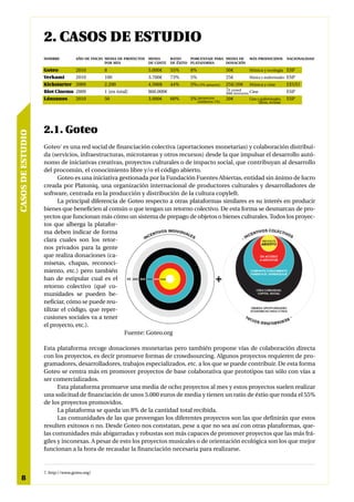 2. CASOS DE ESTUDIO
                   NOMBRE          AÑO DE INICIO MEDIA DE PROYECTOS   MEDIA      RATIO    PORCENTAJE PARA MEDIA DE         MÁS PRODUCIDOS           NACIONALIDAD
                                                 POR MES              DE COSTE   DE ÉXITO PLATAFORMA      DONACIÓN

                   Goteo           2010         8                     5.000€     55%     8%                  50€           Música y ecología ESP
                   Verkami         2010         100                   3.700€     73%     5%                  25€           Música y audiovisuales ESP
                   Kickstarter     2009         2.200                 4.500$     44%     5%(+5% amazon)      25$/20€       Música y cine            EEUU
                   Riot Cinema     2009         1 (en total)          860.000€                               7€ crowd                               ESP
                                                                                                             300€ inversores Cine
                   Lánzanos        2010         50                    3.000€     60%     5% (proyectos       20€           Cine y audiovisuales,    ESP
                                                                                            solidarios 1%)                       libros, revistas




                   2.1. Goteo
CASOS DE ESTUDIO




                   Goteo7 es una red social de financiación colectiva (aportaciones monetarias) y colaboración distribui-
                   da (servicios, infraestructuras, microtareas y otros recursos) desde la que impulsar el desarrollo autó-
                   nomo de iniciativas creativas, proyectos culturales o de impacto social, que contribuyan al desarrollo
                   del procomún, el conocimiento libre y/o el código abierto.
                         Goteo es una iniciativa gestionada por la Fundación Fuentes Abiertas, entidad sin ánimo de lucro
                   creada por Platoniq, una organización internacional de productores culturales y desarrolladores de
                   software, centrada en la producción y distribución de la cultura copyleft.
                         La principal diferencia de Goteo respecto a otras plataformas similares es su interés en producir
                   bienes que beneficien al común o que tengan un retorno colectivo. De esta forma se desmarcan de pro-
                   yectos que funcionan más cómo un sistema de prepago de objetos o bienes culturales. Todos los proyec-
                   tos que alberga la platafor-
                   ma deben indicar de forma
                   clara cuales son los retor-
                   nos privados para la gente
                   que realiza donaciones (ca-
                   misetas, chapas, reconoci-
                   miento, etc.) pero también
                   han de estipular cual es el
                   retorno colectivo (qué co-
                   munidades se pueden be-
                   neficiar, cómo se puede reu-
                   tilizar el código, que reper-
                   cusiones sociales va a tener
                   el proyecto, etc.).
                                                   Fuente: Goteo.org

                   Esta plataforma recoge donaciones monetarias pero también propone vías de colaboración directa
                   con los proyectos, es decir promueve formas de crowdsourcing. Algunos proyectos requieren de pro-
                   gramadores, desarrolladores, trabajos especializados, etc. a los que se puede contribuir. De esta forma
                   Goteo se centra más en promover proyectos de base colaborativa que prototipos tan sólo con vías a
                   ser comercializados.
                         Esta plataforma promueve una media de ocho proyectos al mes y estos proyectos suelen realizar
                   una solicitud de financiación de unos 5.000 euros de media y tienen un ratio de éxtio que ronda el 55%
                   de los proyectos promovidos.
                         La plataforma se queda un 8% de la cantidad total recibida.
                         Las comunidades de las que provengan los diferentes proyectos son las que definirán que estos
                   resulten exitosos o no. Desde Goteo nos constatan, pese a que no sea así con otras plataformas, que-
                   las comunidades más abigarradas y robustas son más capaces de promover proyectos que las más frá-
                   giles y inconexas. A pesar de esto los proyectos musicales o de orientación ecológica son los que mejor
                   funcionan a la hora de recaudar la financiación necesaria para realizarse.


                   7. http://www.goteo.org/
  8
 