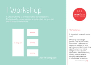 I Workshop
Il Crowdfunding è, prima di tutto, partecipazione.
Partecipa alla conversazione e registrateti per uno dei
workshop di crowdfuture.



                                                                 The Workshops

                                                                 Il pomeriggio sarà nelle vostre
                                                                 mani.

                                                                 Workshop di co-design,
                                                                 presentazioni di piattaforme,
                                                                 discussioni “crowdsourced”
                                                                 ovvero che partono da voi, e
                                                                 varie opportunità di networking
                                                                 approfondiranno la vostra
                                                                 comprensione e la vostra
                                                                 conoscenza del crowdfunding,
                                                                 dimostrando un perfetto
                                                                 connubio tra innovazione,
                                     ...more info coming soon!   creatività e partecipazione.
                                                                         www.crowdfuture.net   | 13
 