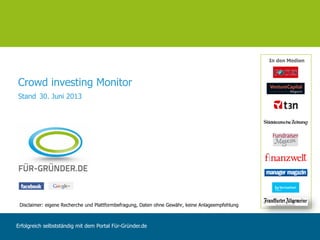 Crowd investing Monitor
Stand 30. Juni 2013
Erfolgreich selbstständig mit dem Portal Für-Gründer.de
In den Medien
Disclaimer: eigene Recherche und Plattformbefragung, Daten ohne Gewähr, keine Anlageempfehlung
 