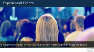 CrowdLab Ltd.
141 North Hill, London N6 4DP, UK.
Registered in England & Wales No. 07528459.
Registered Address: 18 Buchanan Close, Nothampton NN4 8RA.
VAT Registration No. 107 651526.
Experien3al	
  Events	
  
Get	
  real	
  4me	
  feedback	
  on	
  the	
  events	
  and	
  
experiences	
  brands	
  sponsor,	
  create	
  and	
  
develop	
  
Experiential Events
Get real time feedback on the events and experiences brands sponsor, create and develop
 