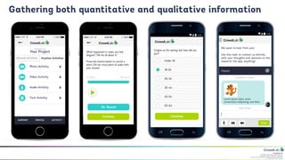 CrowdLab Ltd.
141 North Hill, London N6 4DP, UK.
Registered in England & Wales No. 07528459.
Registered Address: 18 Buchanan Close, Nothampton NN4 8RA.
VAT Registration No. 107 651526.
Gathering both quantitative and qualitative information
 