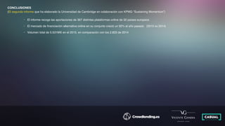 CONCLUSIONES
(El segundo informe que ha elaborado la Universidad de Cambridge en colaboración con KPMG “Sustaining Momentum”)
• El informe recoge las aportaciones de 367 distintas plataformas online de 32 países europeos
• El mercado de ﬁnanciación alternativa online en su conjunto creció un 92% el año pasado (2015 vs 2014)
• Volumen total de 5.531M€ en el 2015, en comparación con los 2.833 de 2014
 