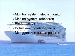 Monitor system televisi monitor
Monitor system kebocoran
Pindahkan air
Bebaskan pembuangan air
Menggunakan pompa portable
 