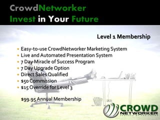 Level 1 Membership
 Easy-to-use CrowdNetworker Marketing System
 Live and Automated Presentation System
 7 Day Miracle of Success Program
 7 Day Upgrade Option
 Direct Sales Qualified
 $50 Commission
 $15Override for Level 3
$99.95 Annual Membership
 