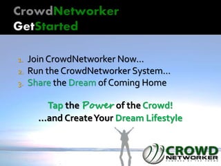 1. Join CrowdNetworker Now…
2. Run the CrowdNetworker System…
3. Share the Dream of Coming Home
Tap the Power of the Crowd!
…and CreateYour Dream Lifestyle
 