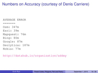 Numbers on Accuracy (courtesy of Denis Carriere)
AVERAGE ERROR
=======
Osm: 347m
Esri: 39m
Mapquest: 76m
Bing: 80m
Google: 87m
Geolytica: 187m
Nokia: 77m
http://datahub.io/organization/addxy
Ervin Ruci Postal Codes, Polygons, Perl and Poetry September 1, 2015 16 / 39
 