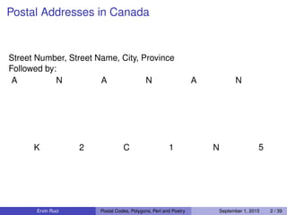Postal Addresses in Canada
Street Number, Street Name, City, Province
Followed by:
A N A N A N
K 2 C 1 N 5
Ervin Ruci Postal Codes, Polygons, Perl and Poetry September 1, 2015 2 / 39
 