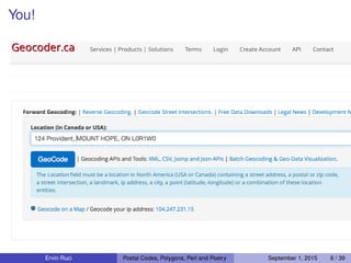 You!
Ervin Ruci Postal Codes, Polygons, Perl and Poetry September 1, 2015 6 / 39
 