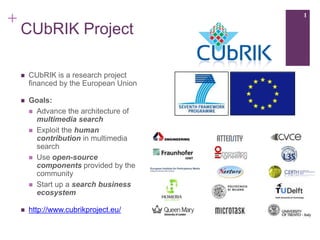 +                                        1

    CUbRIK Project

       CUbRIK is a research project
        financed by the European Union

       Goals:
         Advance the architecture of
          multimedia search
         Exploit the human
          contribution in multimedia
          search
         Use open-source
          components provided by the
          community
         Start up a search business
          ecosystem

       http://www.cubrikproject.eu/
 