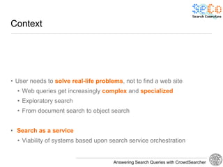 Context




• User needs to solve real-life problems, not to find a web site
  • Web queries get increasingly complex and specialized
  • Exploratory search
  • From document search to object search


• Search as a service
  • Viability of systems based upon search service orchestration


                                      Answering Search Queries with CrowdSearcher
 