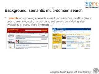 Background: semantic multi-domain search
“… search for upcoming concerts close to an attractive location (like a
 beach, lake, mountain, natural park, and so on), considering also
 availability of good, close-by hotels …”




                                     Answering Search Queries with CrowdSearcher
 