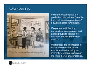 We are a SaaS technology
company with a startup
investment business focus. 

Our technology better predicts
startup success by harnessing
expert communities and data
science technologies.

We partner with top accelerators,
universities and investor groups
to access the best startups and
brightest expert communities.

We partner with Family Ofﬁces to
seed fund the best startups
What We Do
 