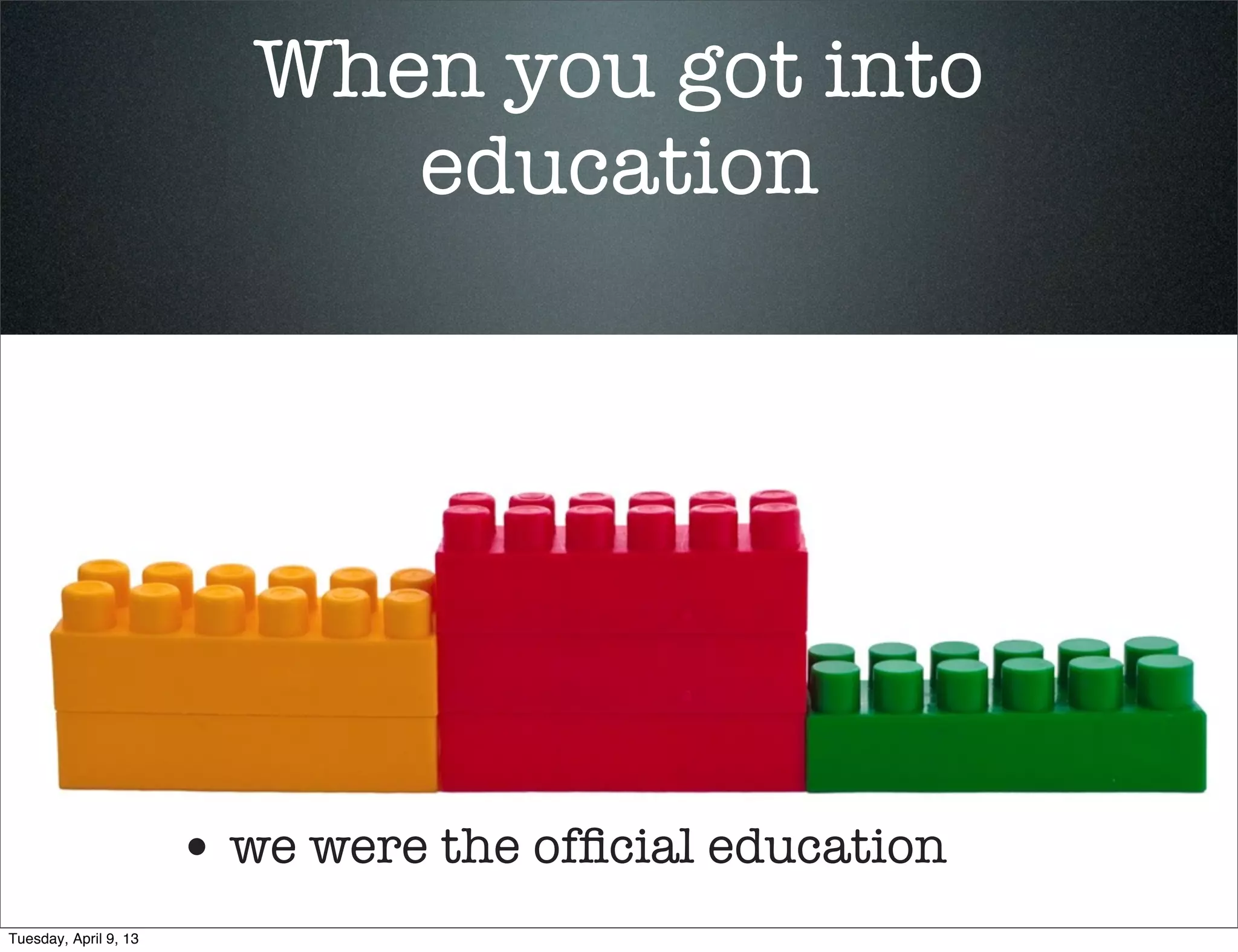 Where do you go to ﬁnd...


                       • New friends, colleagues, peers, and
                         collaborators




Tuesday, April 9, 13
 