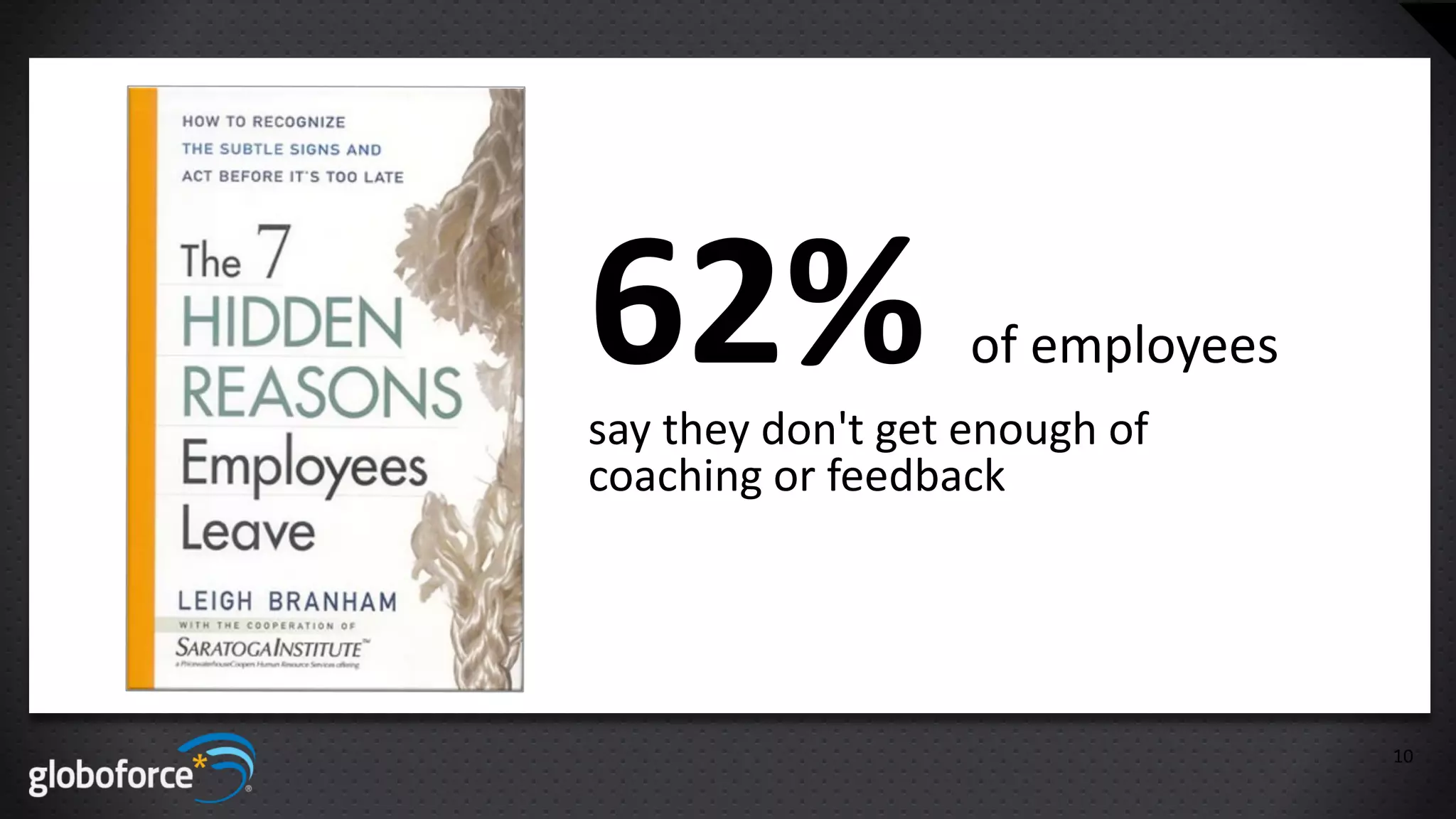 62%                of employees
say they don't get enough of
coaching or feedback




                                  10
 