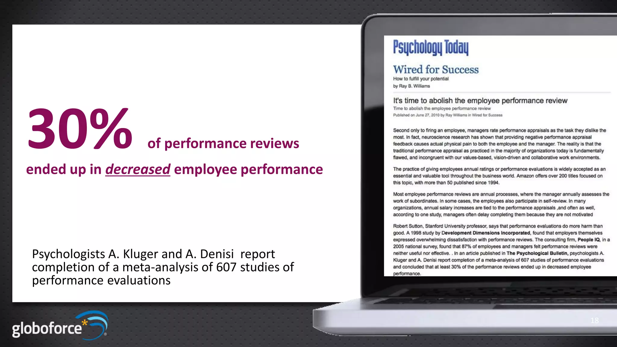 30%                 of performance reviews
ended up in decreased employee performance




Psychologists A. Kluger and A. Denisi report
completion of a meta-analysis of 607 studies of
performance evaluations

                                                  18
 