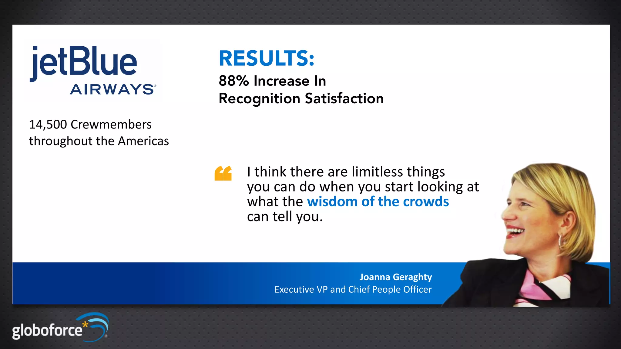 RESULTS:
                          88% Increase In
                          Recognition Satisfaction
14,500 Crewmembers
throughout the Americas


                          “   I think there are limitless things
                              you can do when you start looking at
                              what the wisdom of the crowds
                              can tell you.


                                                     Joanna Geraghty
                                  Executive VP and Chief People Officer
 
