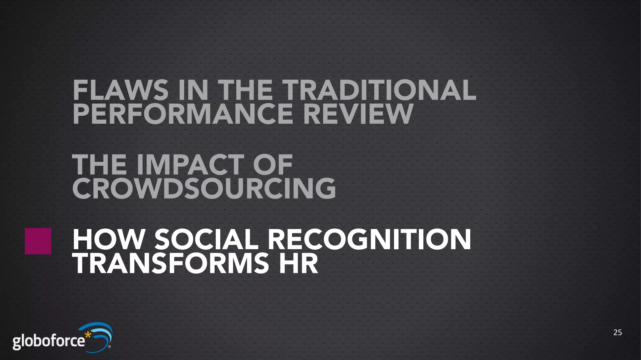 FLAWS IN THE TRADITIONAL
PERFORMANCE REVIEW
THE IMPACT OF
CROWDSOURCING
HOW SOCIAL RECOGNITION
TRANSFORMS HR

                           25
 