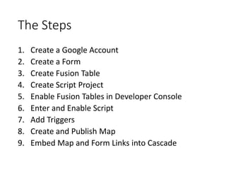 The Steps 
1. Create a Google Account 
2. Create a Form 
3. Create Fusion Table 
4. Create Script Project 
5. Enable Fusion Tables in Developer Console 
6. Enter and Enable Script 
7. Add Triggers 
8. Create and Publish Map 
9. Embed Map and Form Links into Cascade 
 