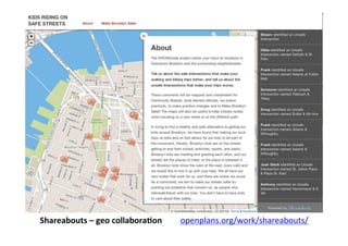 Shareabouts	
  –	
  geo	
  collaboraLon	
  	
  	
  	
  	
  	
  	
  	
  	
  openplans.org/work/shareabouts/	
  
 