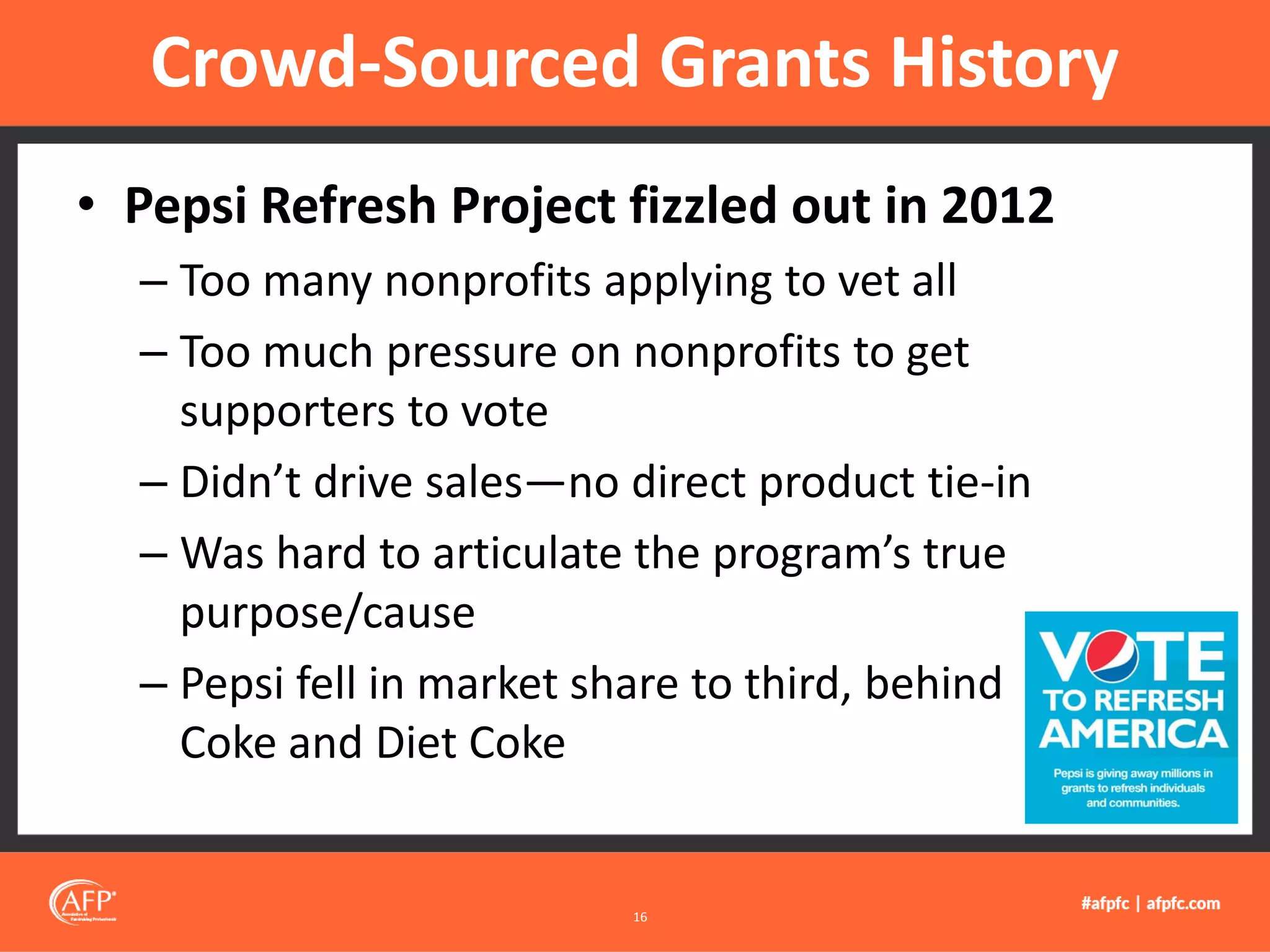 • Pepsi Refresh Project fizzled out in 2012
– Too many nonprofits applying to vet all
– Too much pressure on nonprofits to get
supporters to vote
– Didn’t drive sales—no direct product tie-in
– Was hard to articulate the program’s true
purpose/cause
– Pepsi fell in market share to third, behind
Coke and Diet Coke
Crowd-Sourced Grants History
16
 