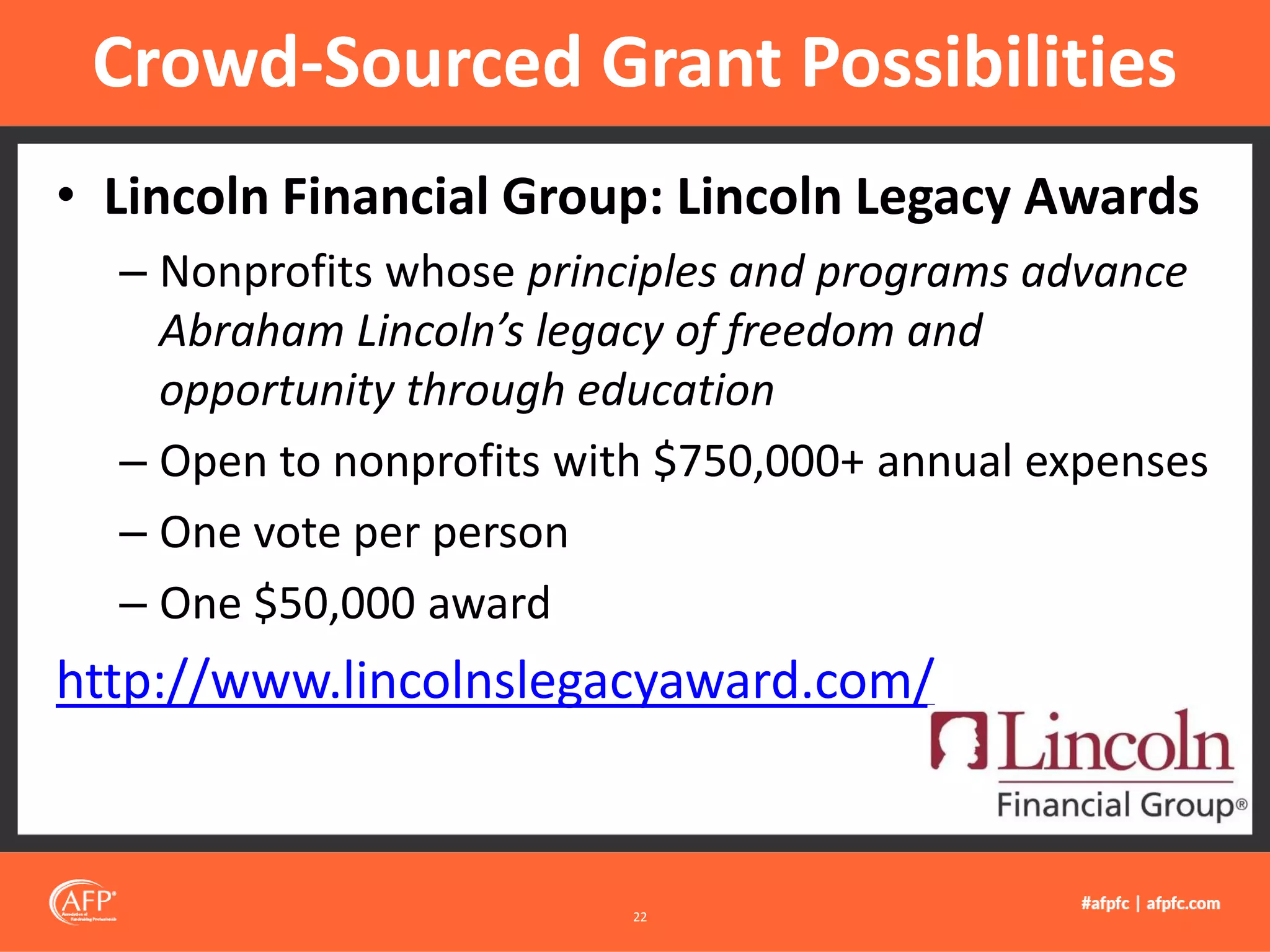 • Lincoln Financial Group: Lincoln Legacy Awards
– Nonprofits whose principles and programs advance
Abraham Lincoln’s legacy of freedom and
opportunity through education
– Open to nonprofits with $750,000+ annual expenses
– One vote per person
– One $50,000 award
http://www.lincolnslegacyaward.com/
Crowd-Sourced Grant Possibilities
22
 