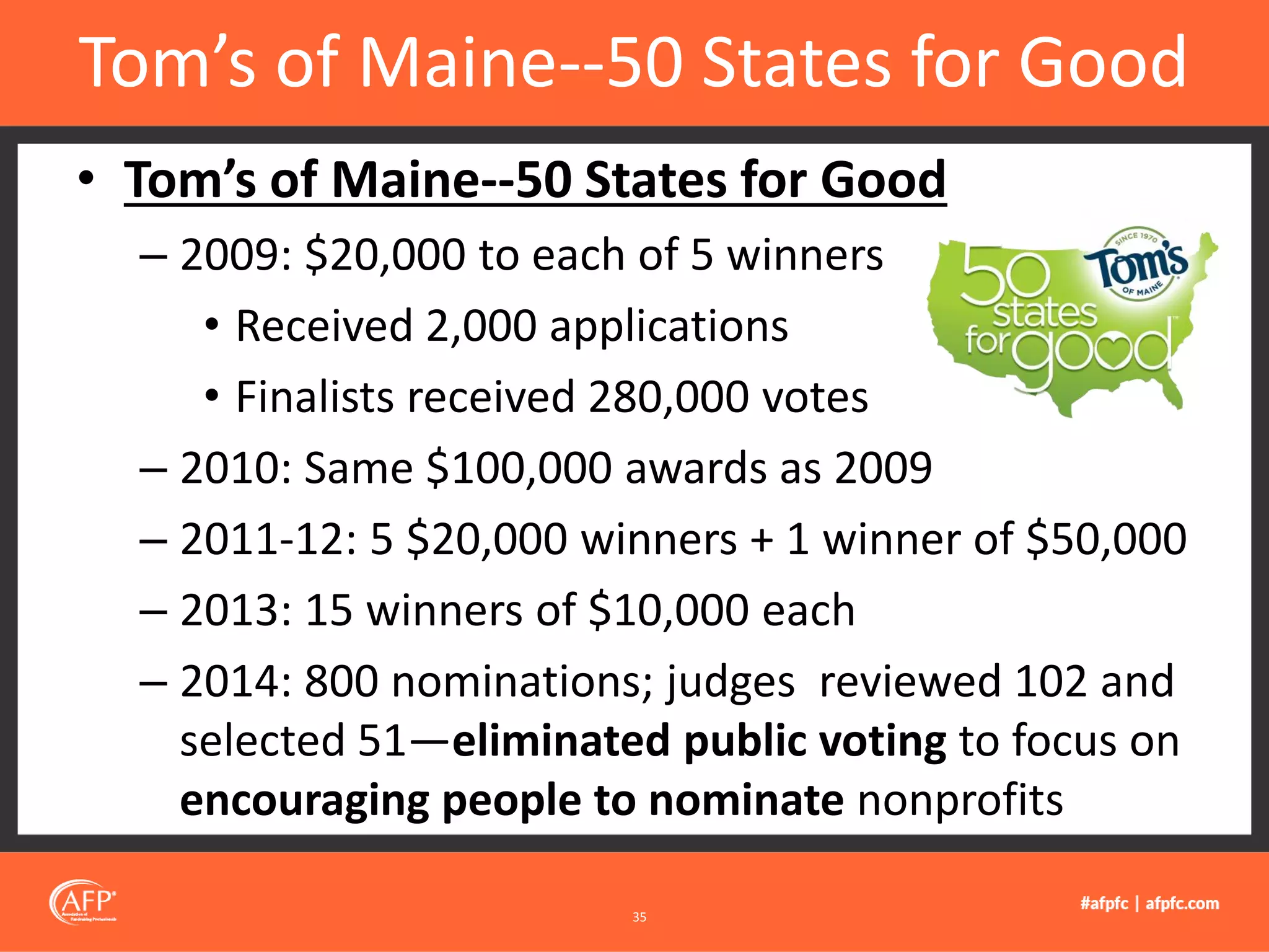 • Tom’s of Maine--50 States for Good
– 2009: $20,000 to each of 5 winners
• Received 2,000 applications
• Finalists received 280,000 votes
– 2010: Same $100,000 awards as 2009
– 2011-12: 5 $20,000 winners + 1 winner of $50,000
– 2013: 15 winners of $10,000 each
– 2014: 800 nominations; judges reviewed 102 and
selected 51—eliminated public voting to focus on
encouraging people to nominate nonprofits
Tom’s of Maine--50 States for Good
35
 