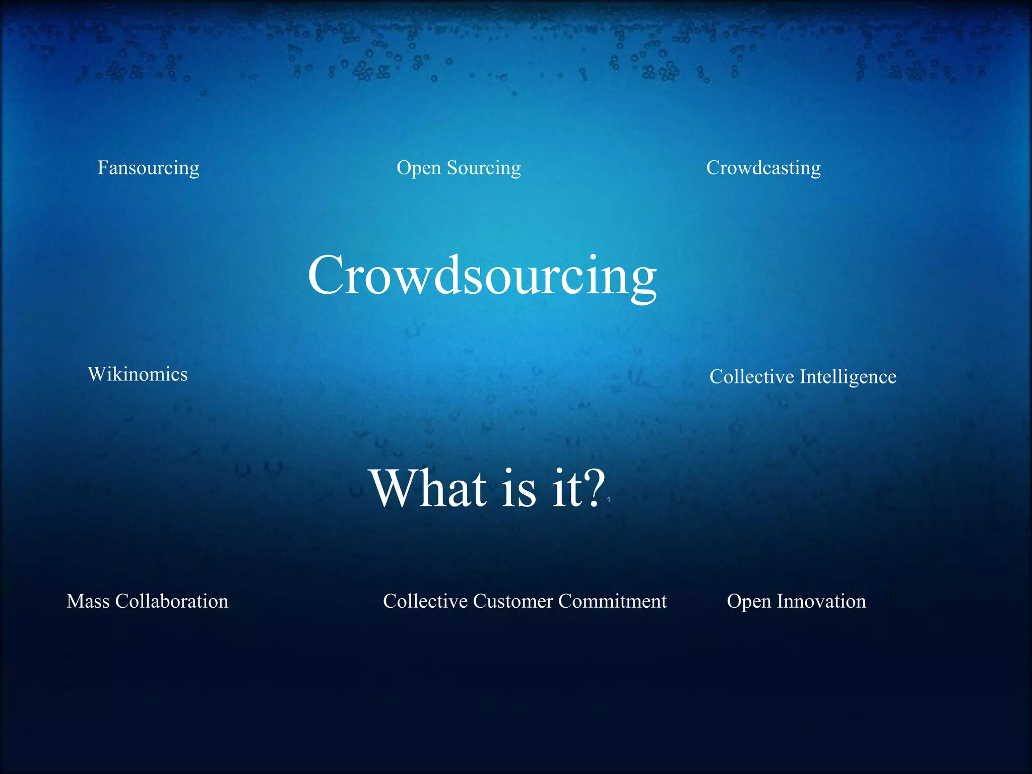 What is it? 1 Fansourcing Crowdcasting Open Sourcing Open Innovation Mass Collaboration Collective Customer Commitment Wikinomics Collective Intelligence Crowdsourcing 