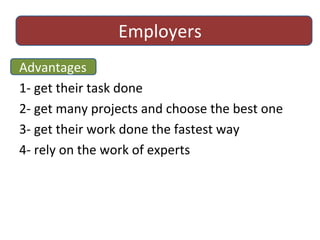 Employers Advantages 1- get their task done 2- get many projects and choose the best one 3- get their work done the fastest way 4- rely on the work of experts 